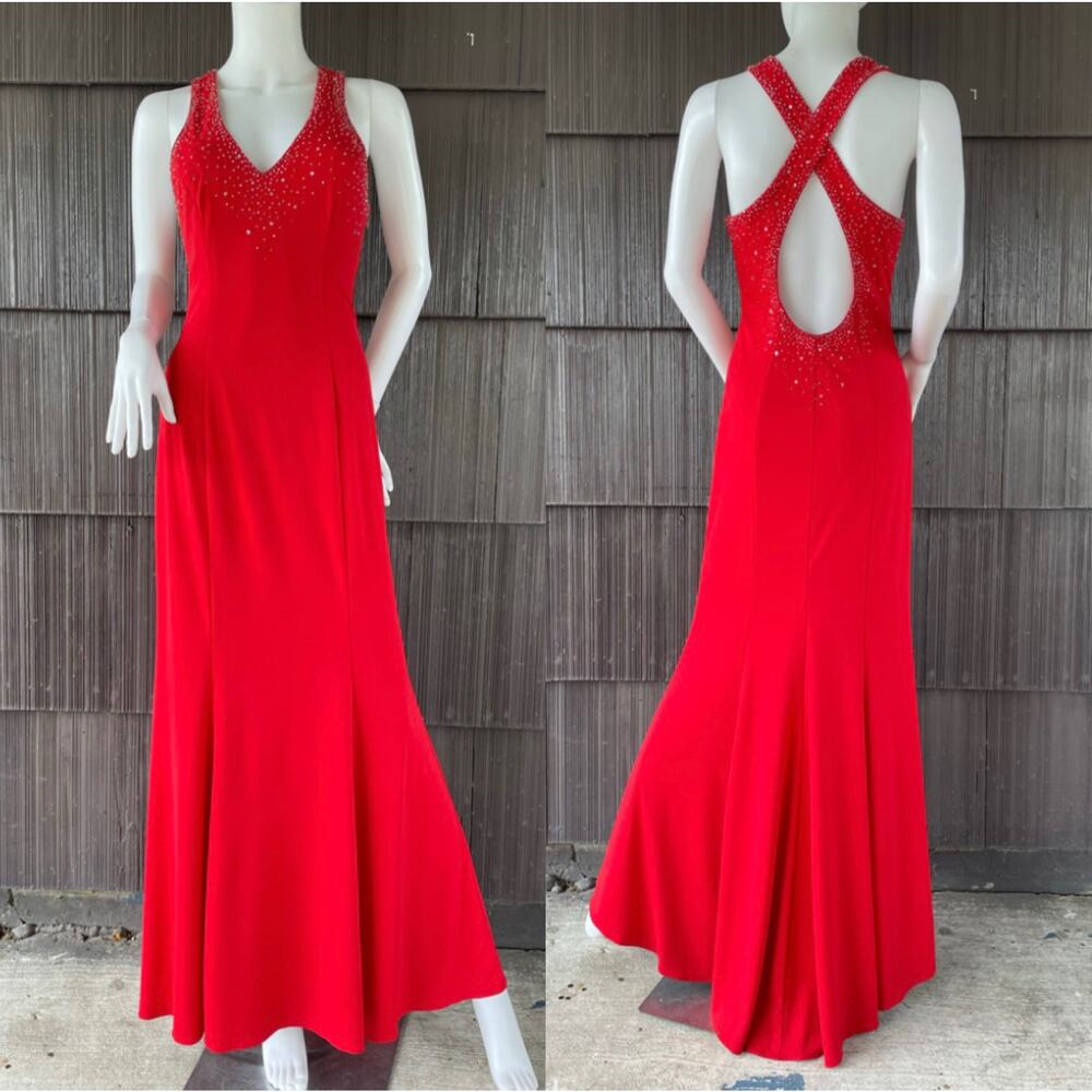 🔥VTG Y2K Niki By Niki Livas Beaded Romantic Crisscross Mermaid Party Red Dress
